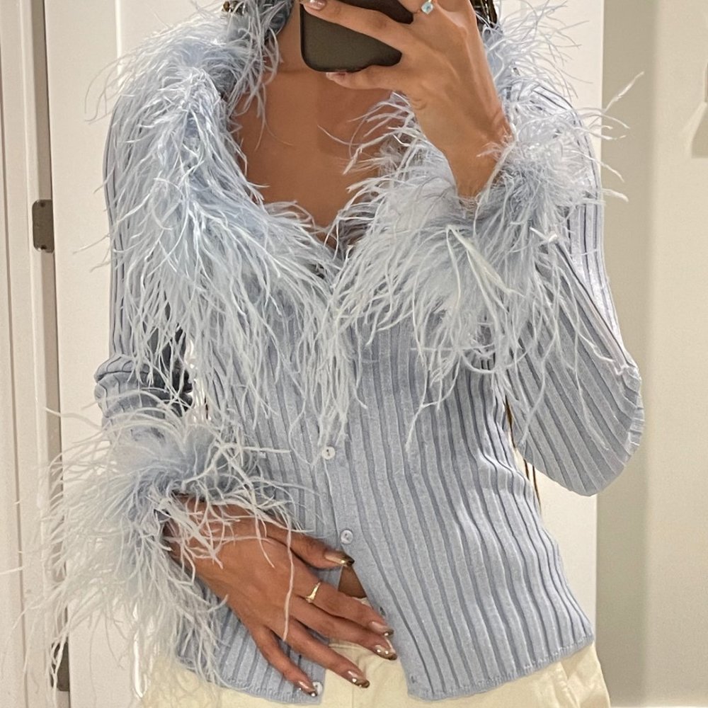 Ice Blue Feather Button Cardigan